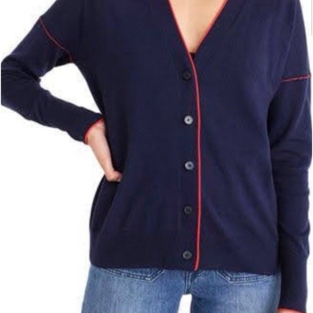 NWT J Crew Womens L 100% Merino Wool Cardigan Navy Red Tipped Preppy V Neck